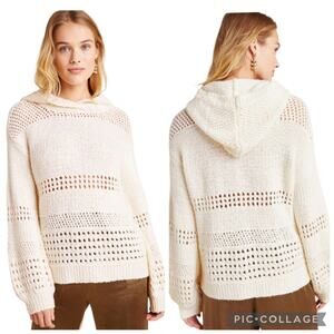Anthropologie Pointelle Hooded Sweater Pullover in Ivory Size XS